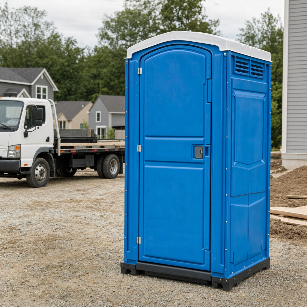 Delivery driver positioning a clean royal-blue portable toilet on level ground at a Newark worksite