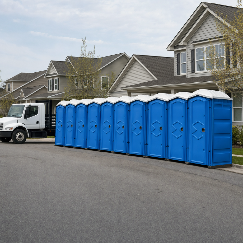 Royal blue portable toilets staged in a tidy row at a Newark jobsite, ready for delivery